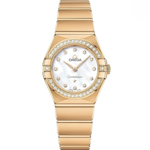ساعت  زنانه برند امگا مدل کانسلیشن طلایی صفحه صدف (OMEGA Constellation)